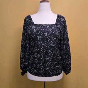 A New Day Black Floral Square Neckline Bell Sleeve Blouse X Small Boho Festival